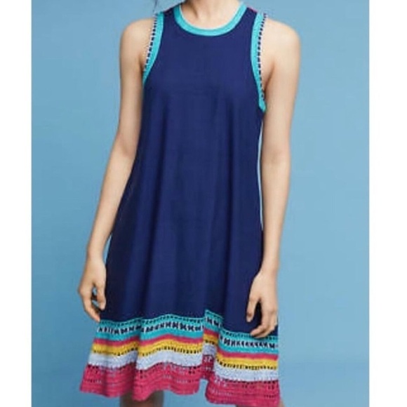 Akemi + Kin Anthropologie Blue Dress With Macrame Hem Back & Collar Size S - Picture 1 of 4